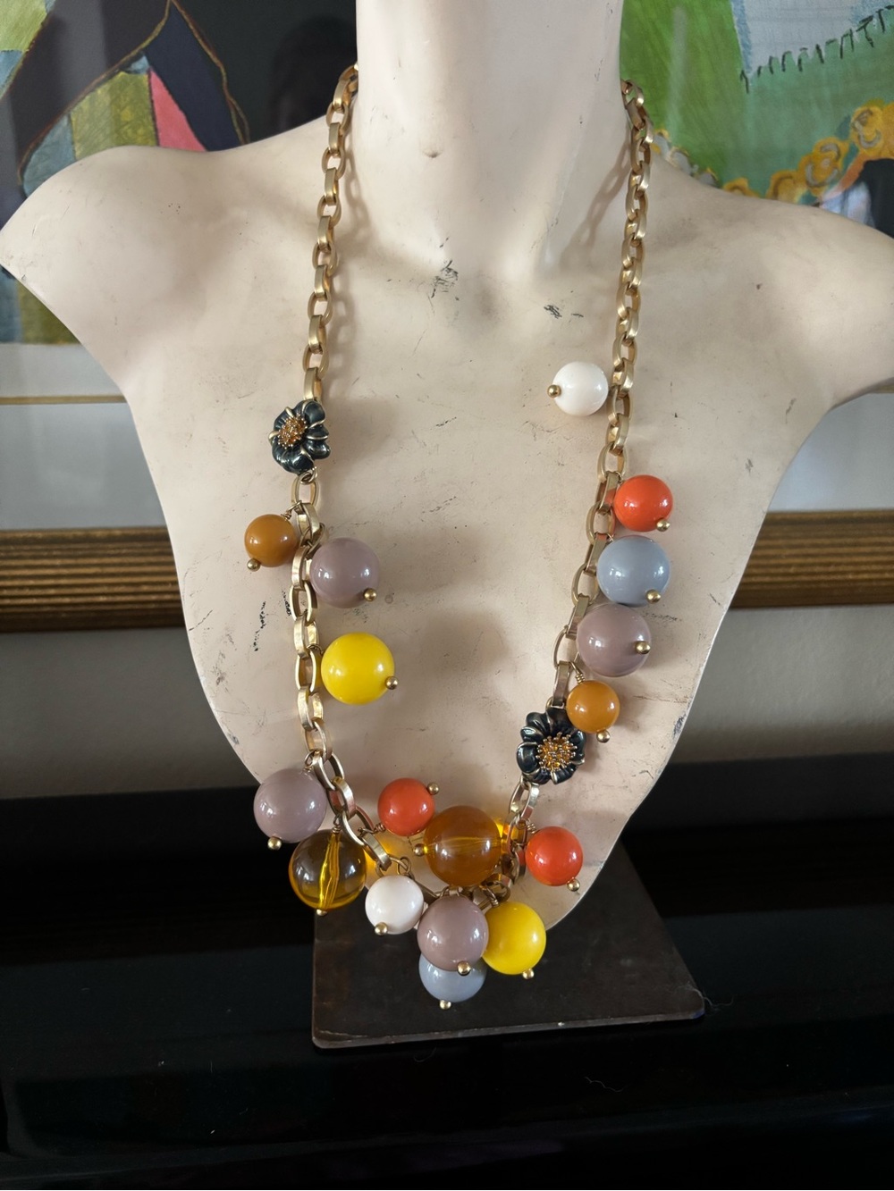 J. Crew Multicolor Beaded Statement Necklace with Gold Chain
